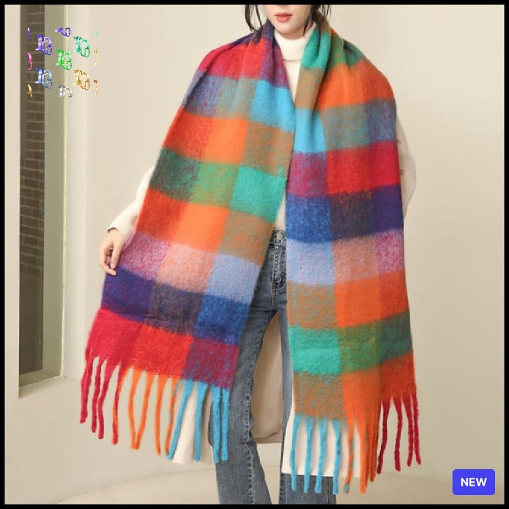 Chunky Knit Oversized Scarf Shawl Warm Winter Plaid Checked Elegant - Picture 4 of 8
